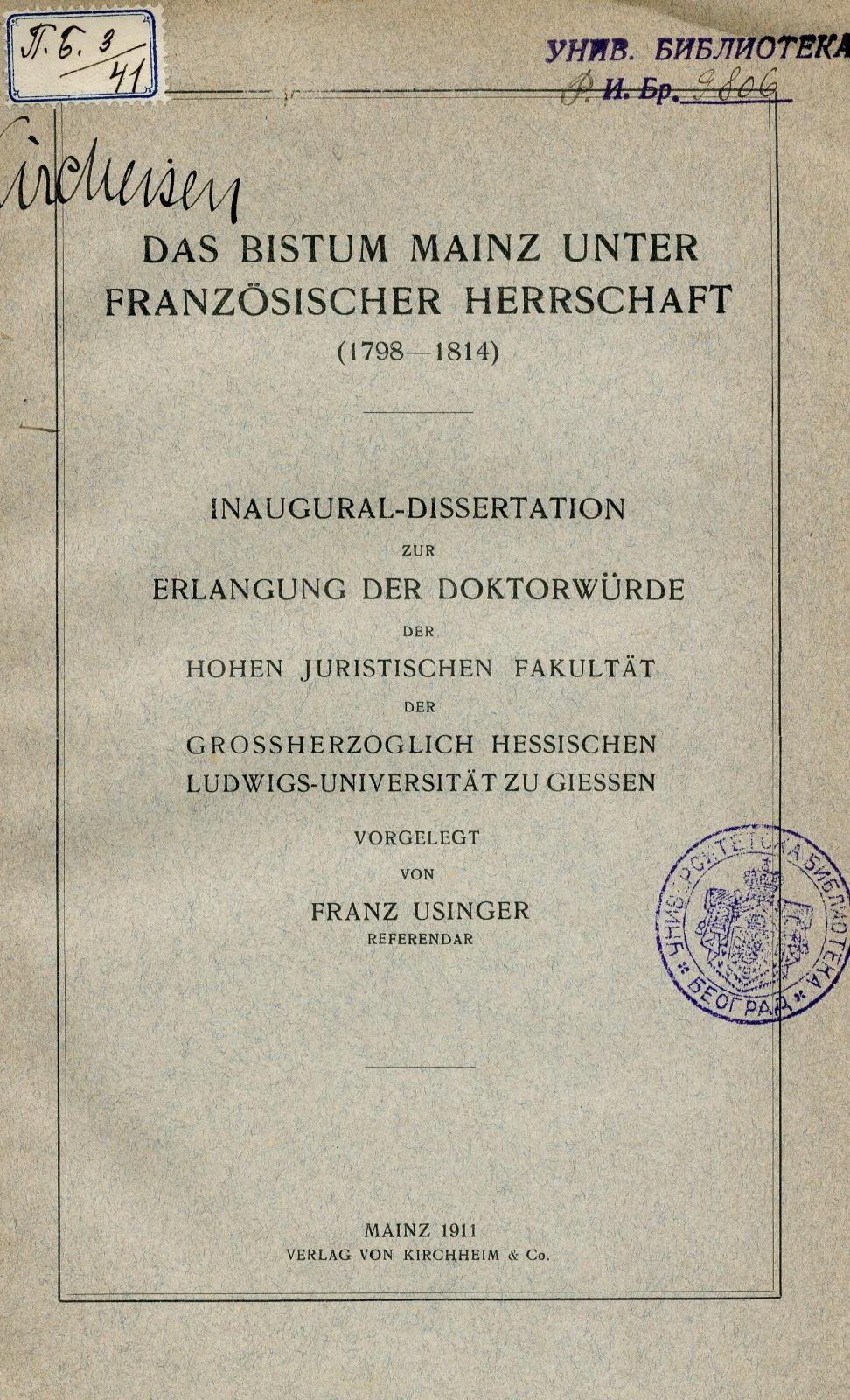 Das Bistum Mainz unter französischer Herrschaft (1798-1814) : Inaugural-Disertation / Franz Usinger