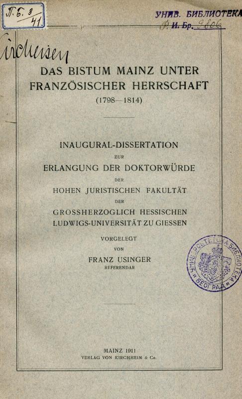 Das Bistum Mainz unter französischer Herrschaft (1798-1814) : Inaugural-Disertation / Franz Usinger