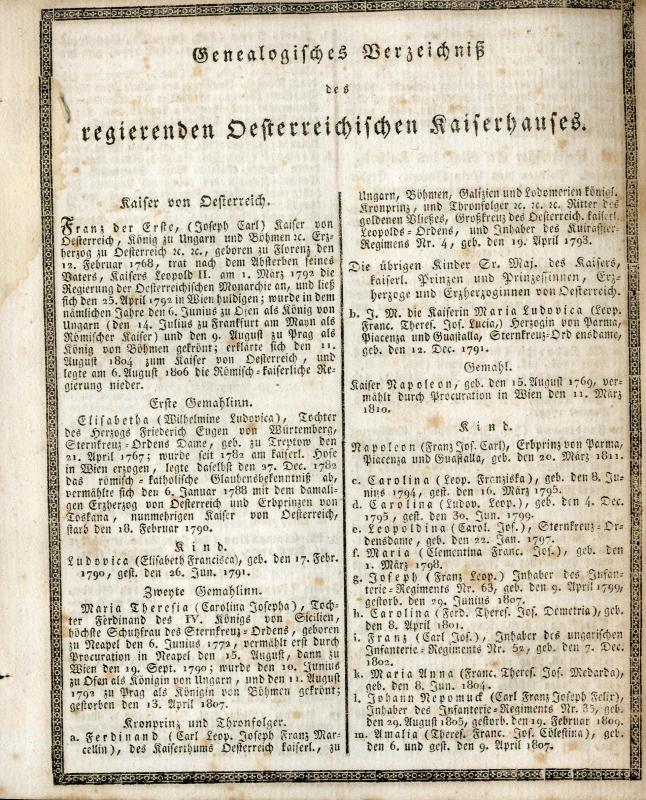 Oestereichisch - Kaiserlicher Hof - Kalender auf das Jahr 1815 : welches ein gemeines Jahr ist, und 365 Tage hat : zum Gebrauche des Oesterreichiseh - Kaiserlichen Hofes