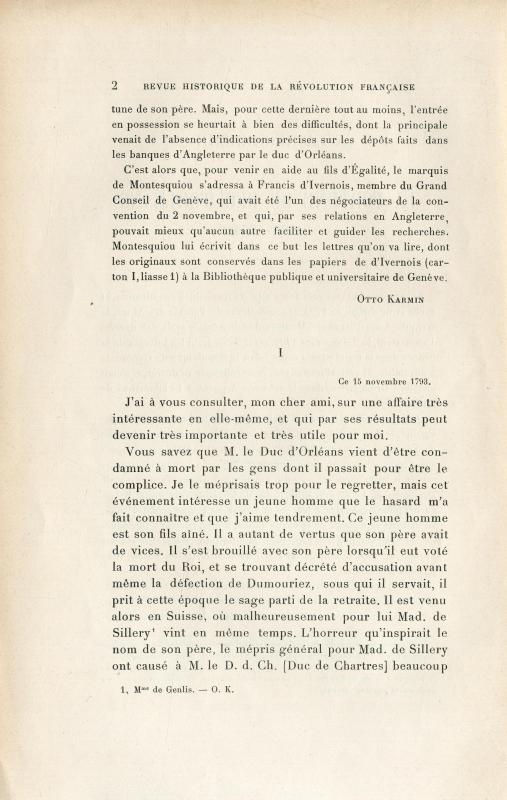 À la recherche de la fortune du duc d'Orléans (1793-1794) : lettres inédites du général Montesquiou à Francis d'Ivernois / publiées par Otto Karmin