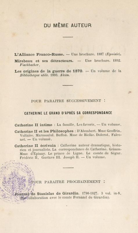 Catherine II et la Révolution française d'après de nouveaux documents / par Ch. de Larivière ; avec préface de Alfred Rambaud
