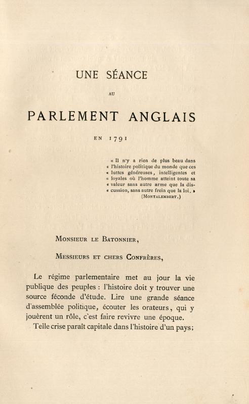 Une séance au Parlament anglais en 1791 : discourt prononcé à la rentrée de la Conférence des Avocats le 22 décembre 1879 / par Armand Feldmann