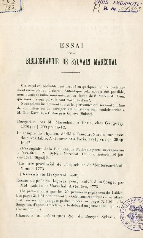 Essai d'une bibliographie de Sylvain Maréchal / par Otto Karmin