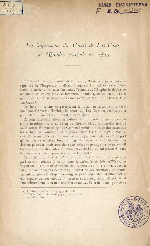 Les impressions du comte de Las Cases sur l'Empire français en 1812 / par Ph. Gonnard