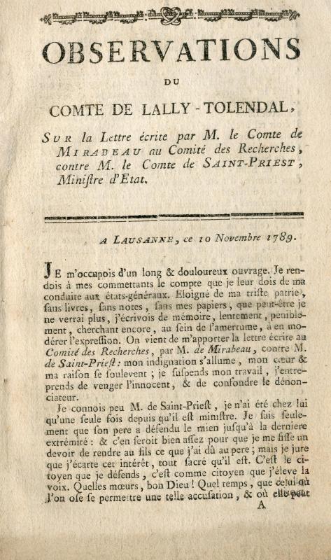 Observations du comte de Lally-Tolendal sur la lettre écrite par M. le comte de Mirabeau au Comité des recherches, contre M. le comte de Saint-Priest, ministre d'État
