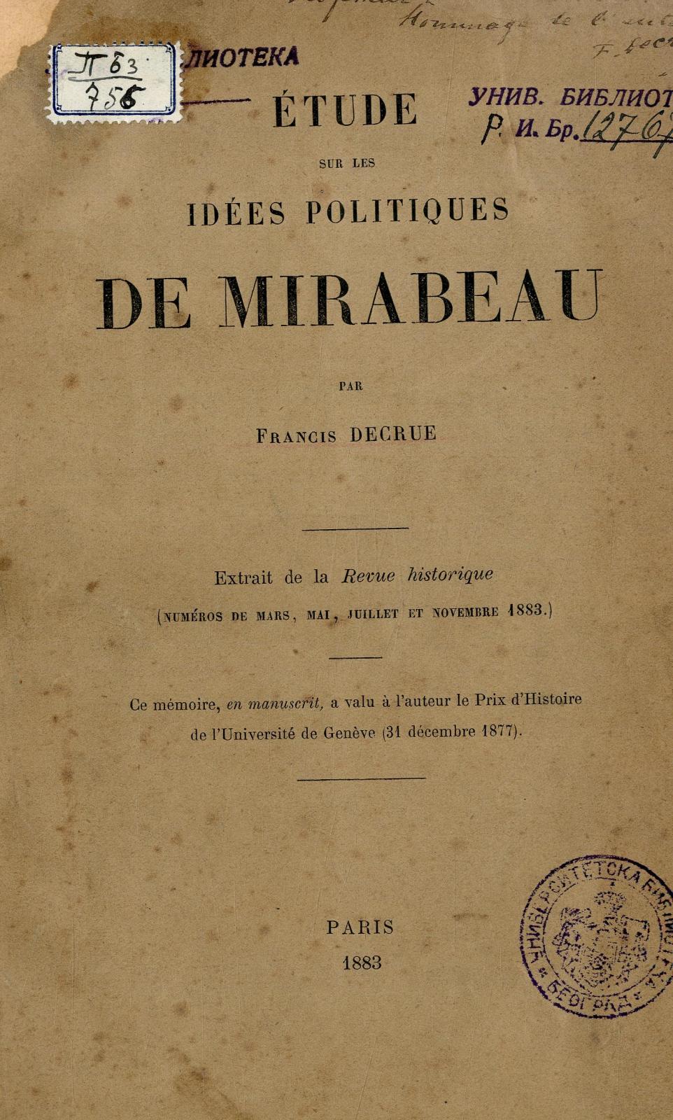 Étude sur les idées politiques de Mirabeau / par Francis Decrue