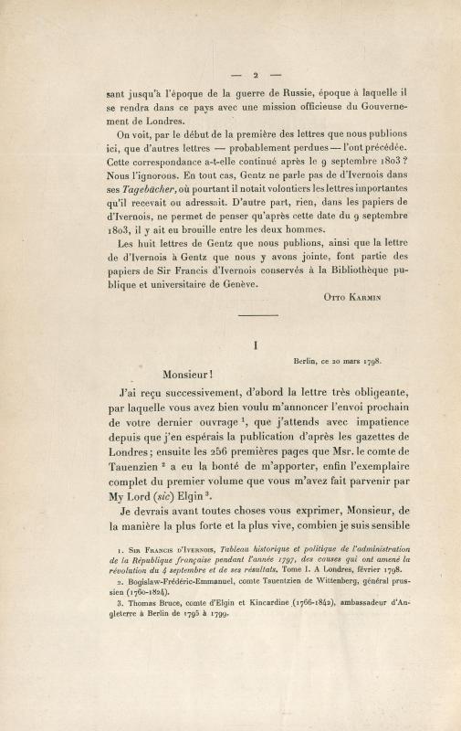 Lettres inédites de Frédéric Gentz à sir Francis d'Ivernois (1798-1803) / publiées par Otto Karmin