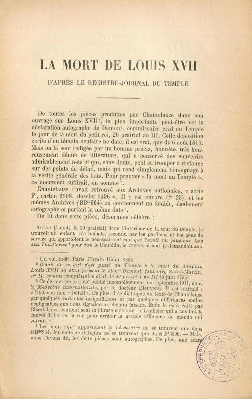 La mort de Louis XVII d'après la Registre-Journal du Temple : documents inédits / François Laurentie