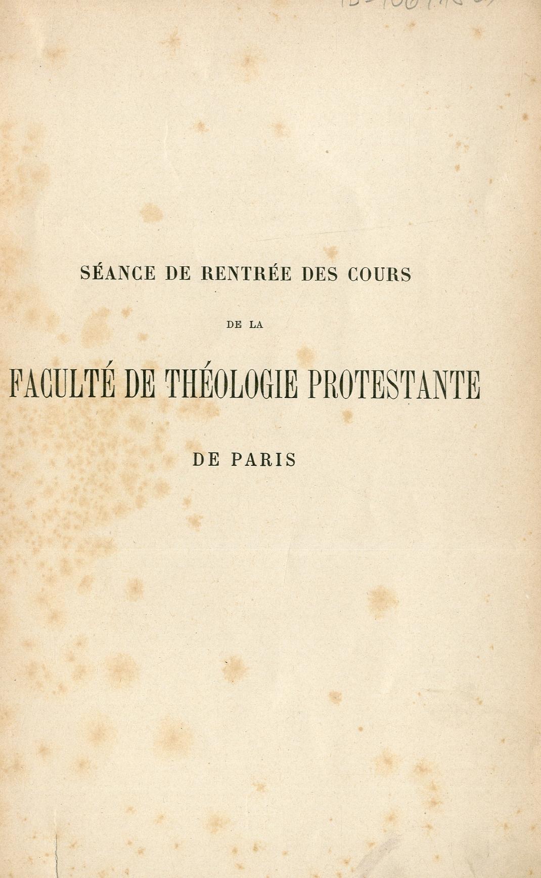 Séance de rentrée des cours de la Faculté de théologie protestante de Paris, le samedi 7 novembre 1903