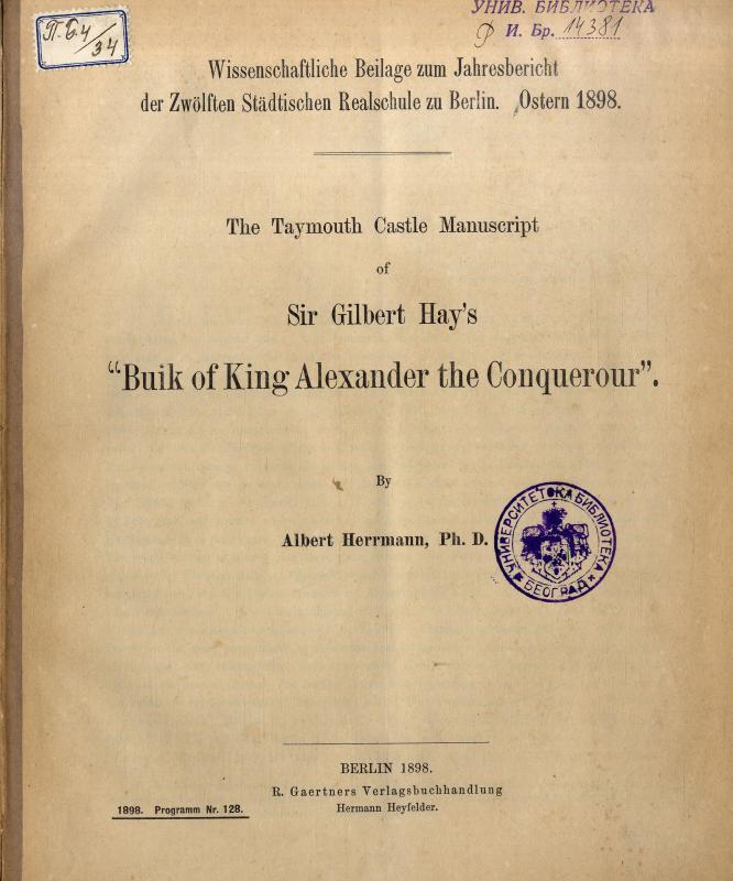 The Taymouth Castle manuscript of Sir Gilbert Hay's
