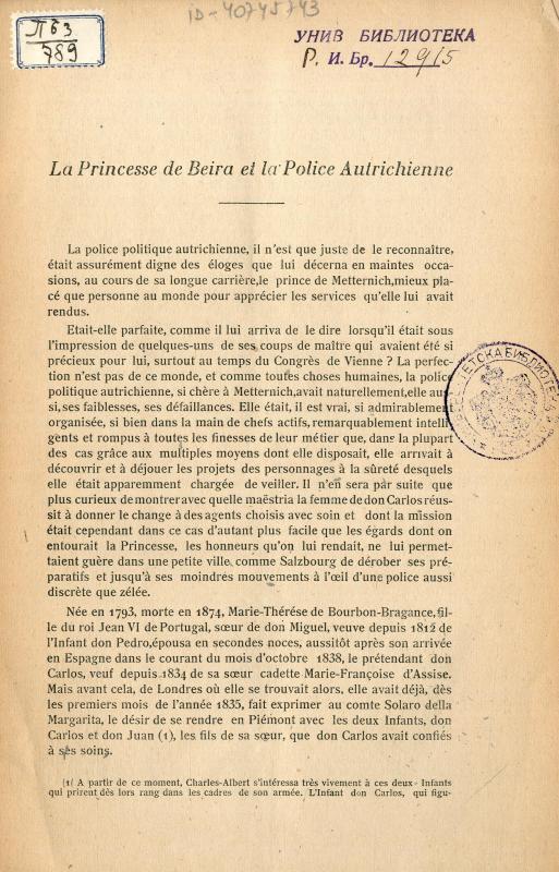 La Princesse de Beira et la police autrichienne / commandant Weil
