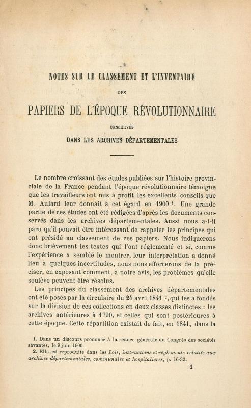 Notes sur le classement et l'inventaire des papiers de l'époque révolutionnaire conservés dans les archives départementales / par M. R. Villepelet