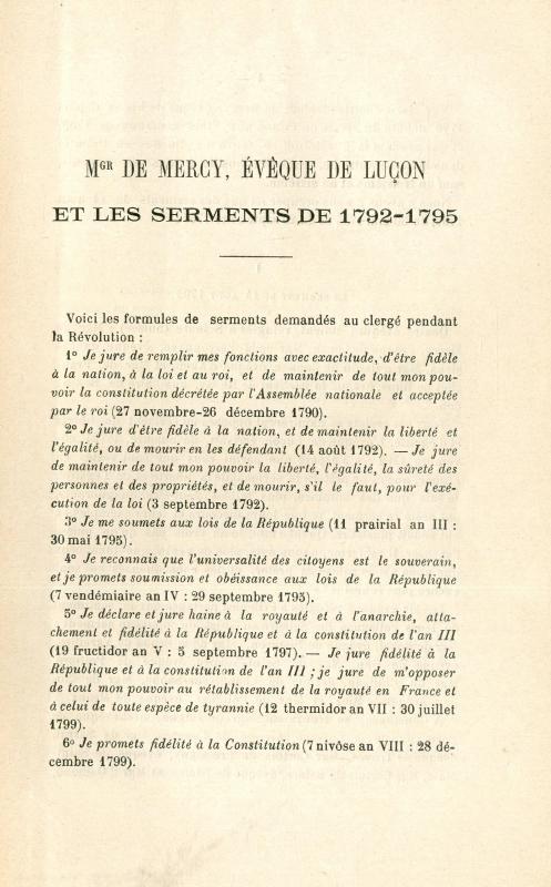 Mgr de Mercy évêque de Luçon et les serments de 1792-1795 / par F. Uzureau