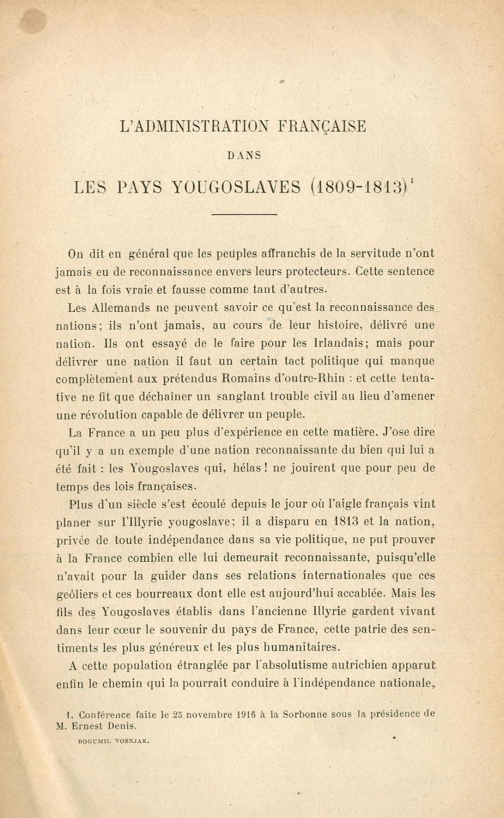 L'administration française dans les pays yougoslaves (1809-1813) / par Bogumil Vosnjak