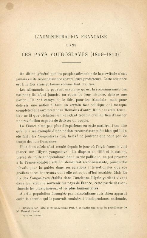 L'administration française dans les pays yougoslaves (1809-1813) / par Bogumil Vosnjak