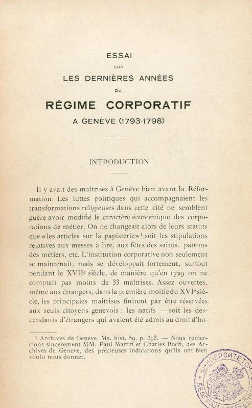 Essai sur les dernières années du régime corporatif à Genève : (1793-1798) / par Otto Karmin
