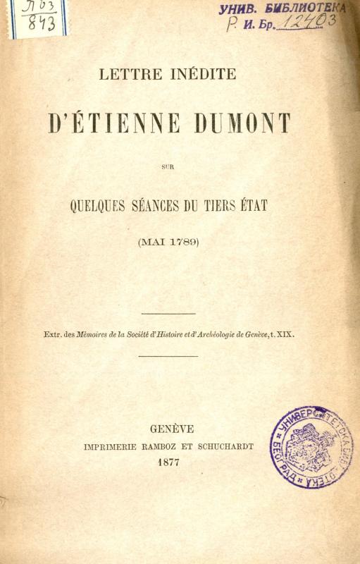 Lettre inédite d'Étienne Dumont sur quelques séances du tiers état : mai 1789