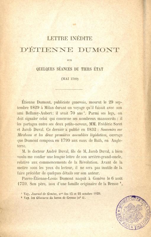 Lettre inédite d'Étienne Dumont sur quelques séances du tiers état : mai 1789