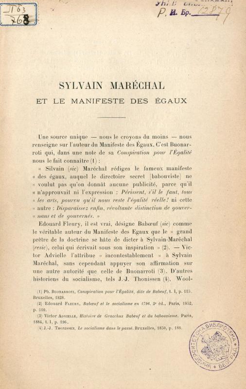 Sylvain Maréchal et le manifeste des égaux / par Otto Karmin