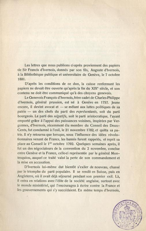 Six lettres inédites de Gustaf Mauritz Armfelt à Francis d'Ivernois / publiées par Otto Karmin et Henry Biaudet