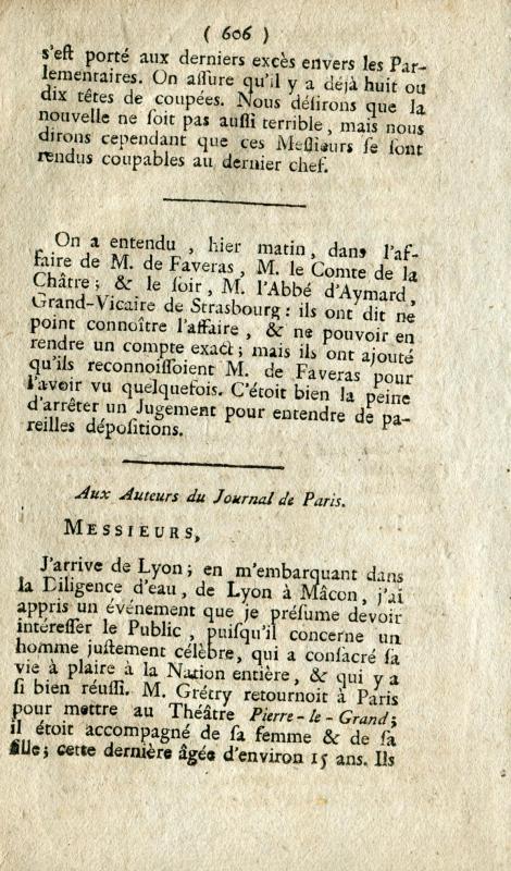 Dépositions de M. le compte de la Chatre & de M. l'Abbé d'Aymard, dans l'affaire de M. de Faveras