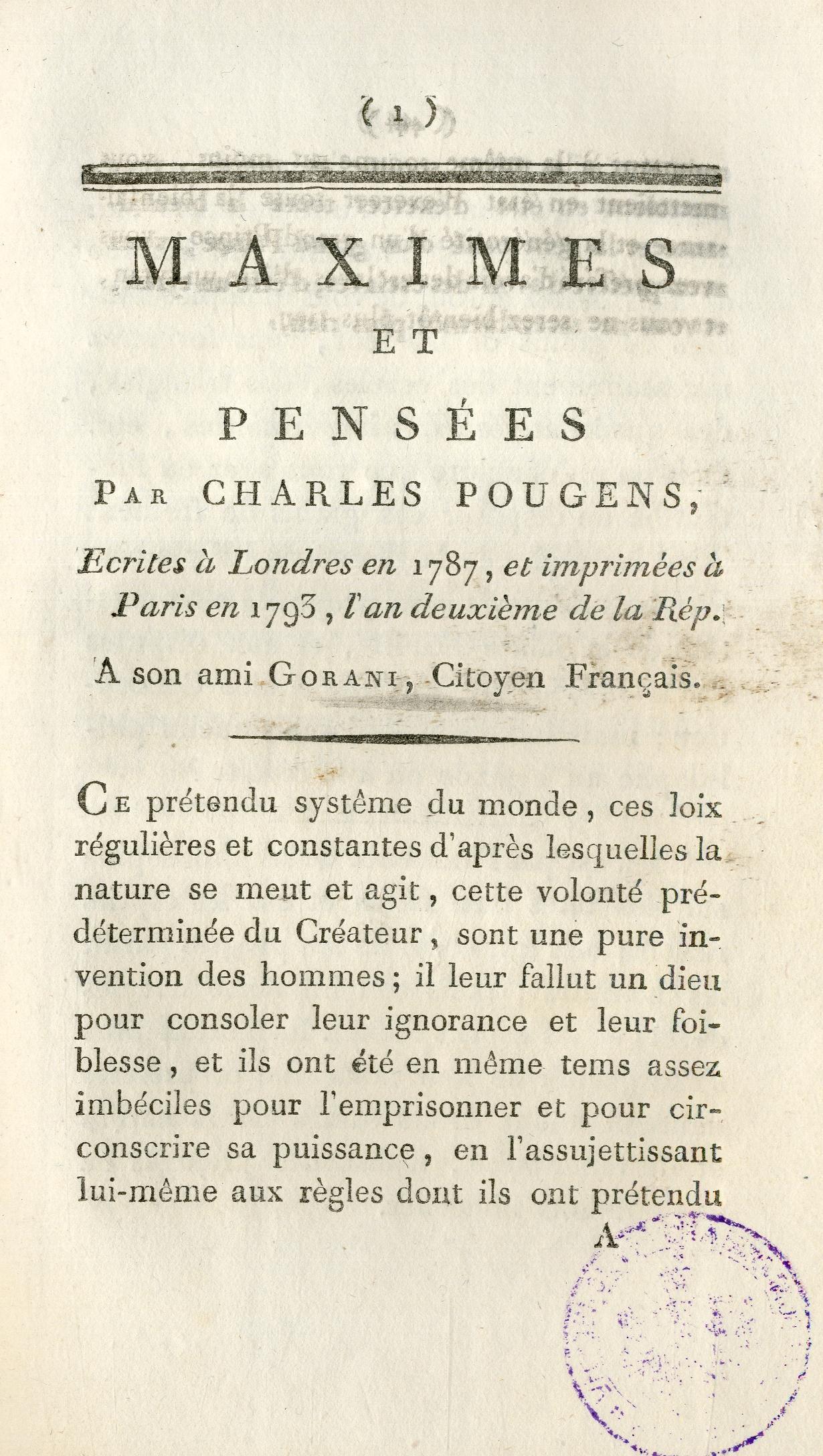 Maximes et pensées : écrites à Londres en 1787, et imprimées à Paris en 1793 : à son ami Gorani : par Charles Pougens