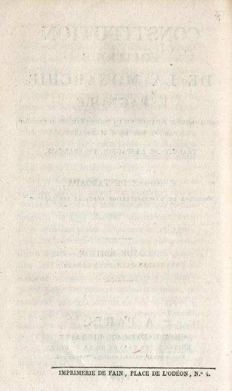 Constitution politique de la monarchie espagnole, promulguée à Cadix le 19 mars 1812, et acceptée par le roi le 8 mars 1820 / traduit de l'espagnol en français par E. Nunez de Taboada