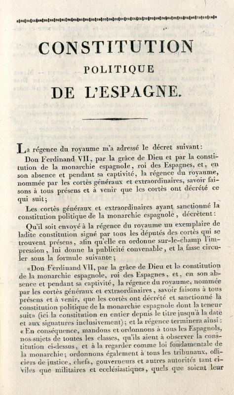 Constitution politique de la monarchie espagnole, promulguée à Cadix le 19 mars 1812, et acceptée par le roi le 8 mars 1820 / traduit de l'espagnol en français par E. Nunez de Taboada