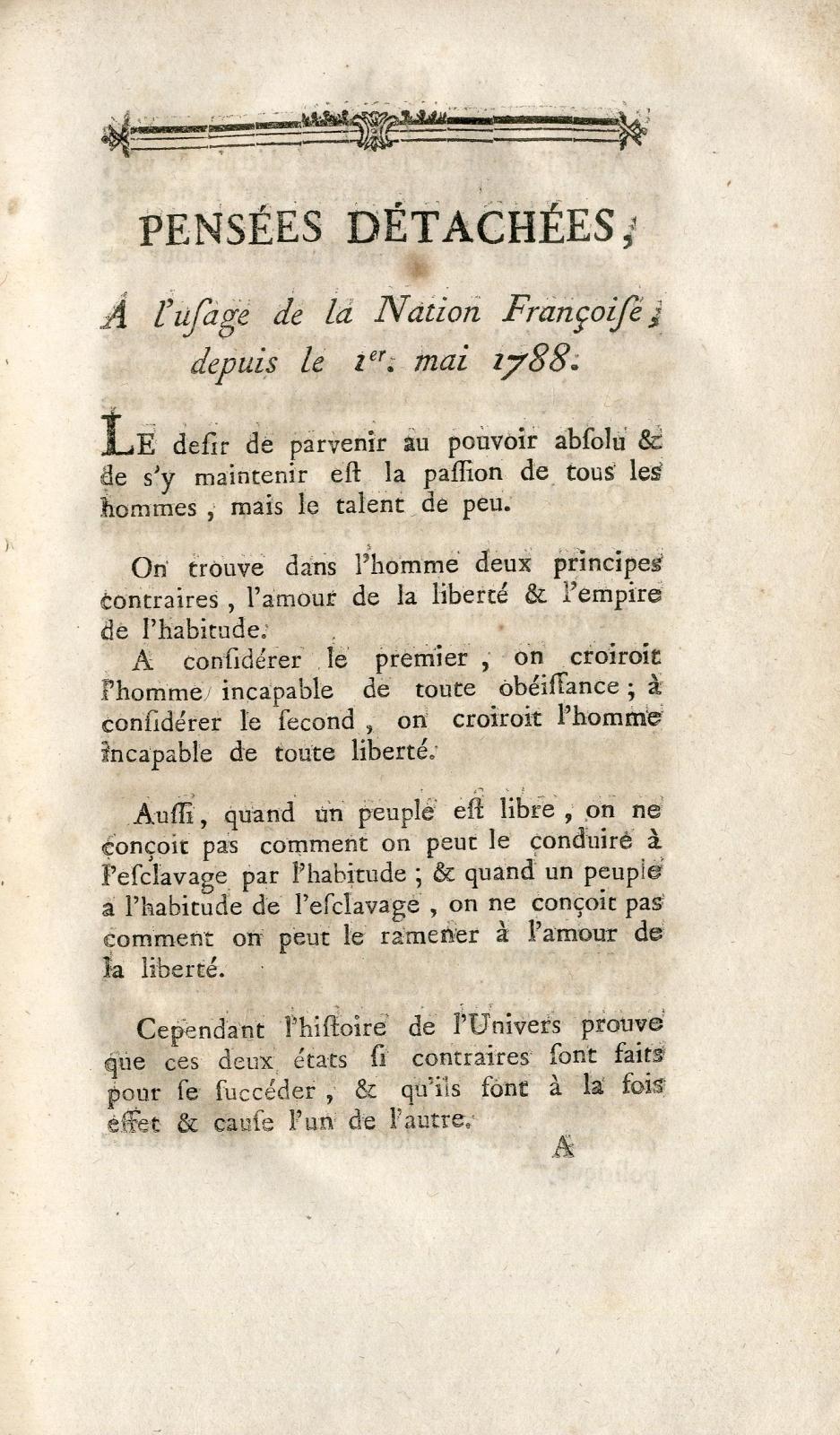 Pensées détachées à l'usage de la nation française depuis le 1er mai 1788.