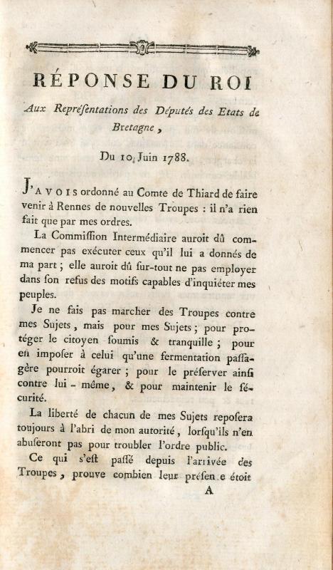 Réponse du roi aux représentations des députés des Etats de Bretagne, du 10 juin 1788