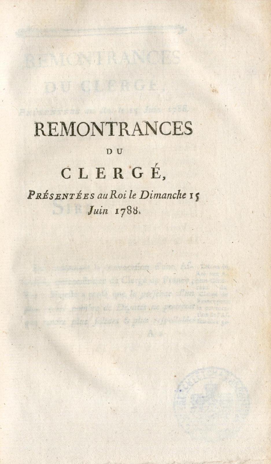 Remontrances du clergé, présentées au Roi le dimanche 15 juin 1788