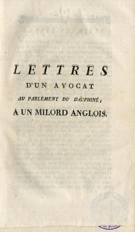 Lettres d'un avocat au parlement du Dauphiné à un milord anglois