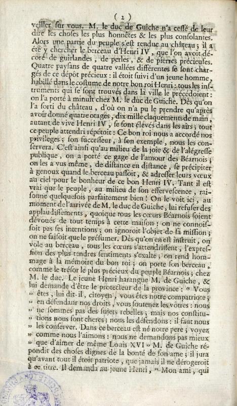 Récit de ce qui s'est passé à Pau le 13 juillet 1788, à l'arrivée de M. le duc de Guiche et Harangue du peuple béarnois en lui présentant le berceau d'Henri IV