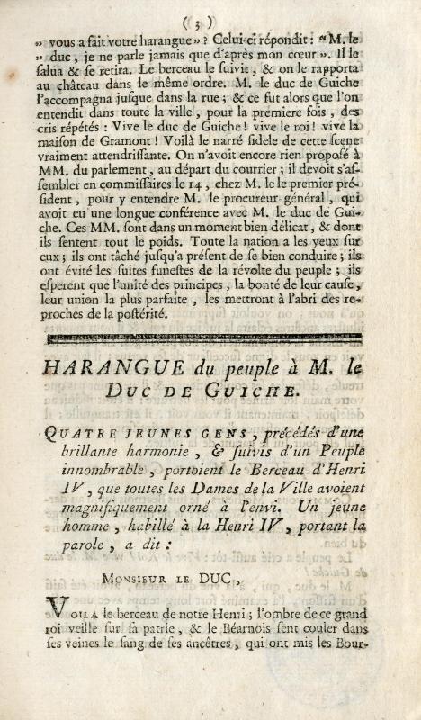 Récit de ce qui s'est passé à Pau le 13 juillet 1788, à l'arrivée de M. le duc de Guiche et Harangue du peuple béarnois en lui présentant le berceau d'Henri IV