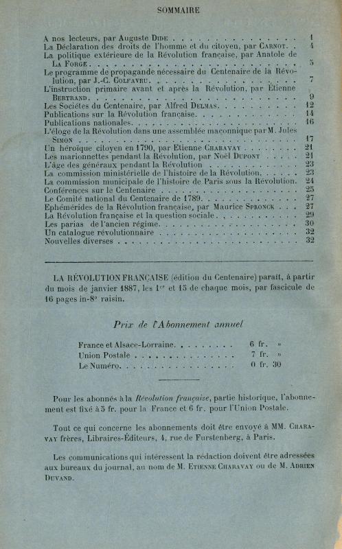 La Révolution française : organe des Sociétés du centenaire de 1789, 1er année, nos. 1-2 (15-31 janvier 1887) / publié sous la direction de J. C. Colfavru et A. Didie