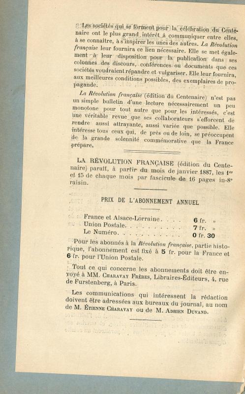 La Révolution française : organe des Sociétés du centenaire de 1789, 1er année, nos. 1-2 (15-31 janvier 1887) / publié sous la direction de J. C. Colfavru et A. Didie